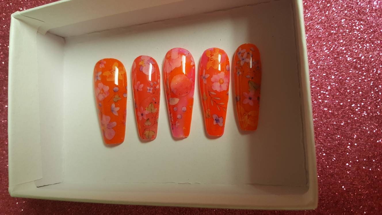 Orange and red floral jelly glue on nail setluxury press on | Etsy