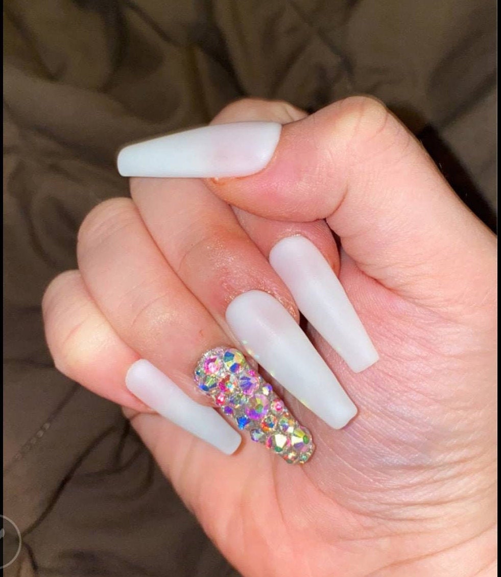 Matte white nails rhinestone nails blinged out nails white | Etsy