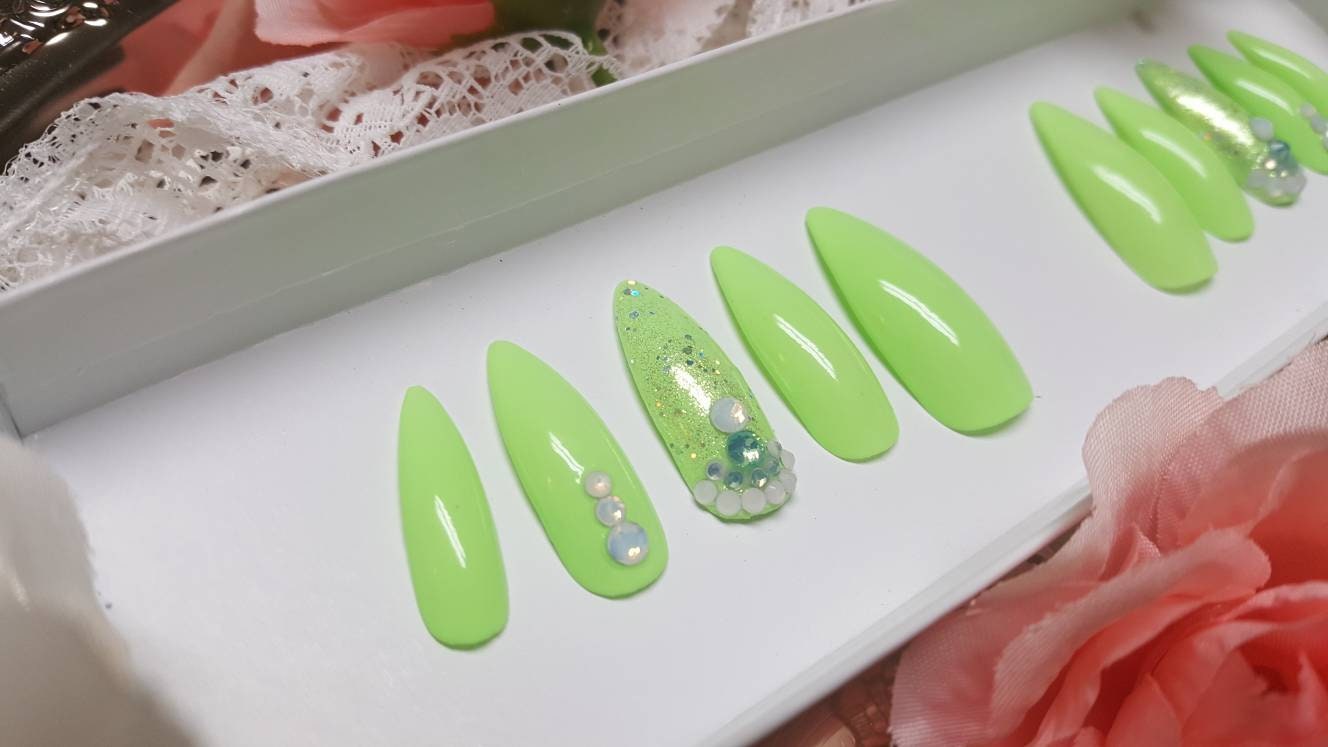 Lime green opal rhinestones glitter luxury nails | Etsy