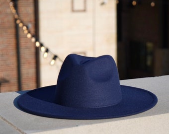 Navy Blue Fedora, Womens Fedora, Mens Fedora, Handmade, Fall Hat, Blue Summer Hat, Wide Brim, Large, Stiff Brim, Flat Brim, Medium, Sombrero
