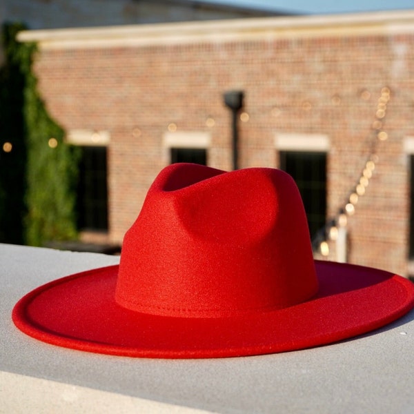 Red Fedora, Womens Fedora, Mens Fedora, Handmade, Fall Hat, Summer Hat, Beach Hat, Wide Brim, Large, Stiff Brim, Flat Brim, Medium, Sun