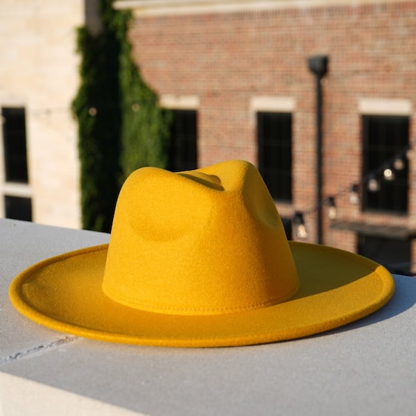 Dark Yellow Fedora, Womens Fedora, Mens Fedora, Handmade, Fall Hat, Golden Yellow Color, Summer Hat, Wide Brim, Large, Flat Brim, Medium