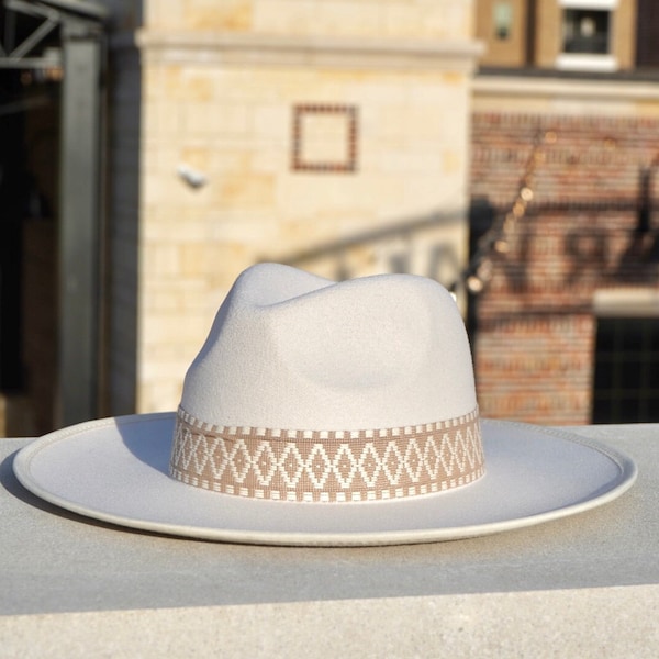 Womens Fedoras, Boho Hat, Boho Headband, Sun Hat, Large Brim Hat, Indigenous. Cowgirl, Cream Color, Ivory, Vegan Fedora, Native, Rancher Hat