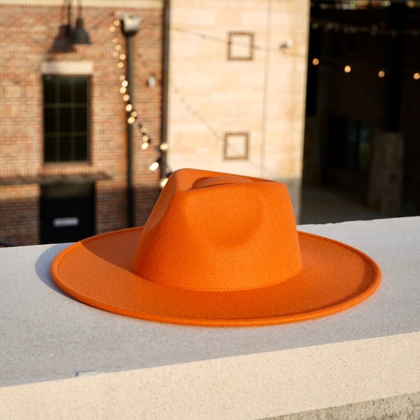 Orange Fedora, Wide Brim Hat, Womens Sun Hats, Mens Felt Headwear, Large Brim, Derby, Ranch, Felt Trilby, Panama Hat, Medium, Sombrero