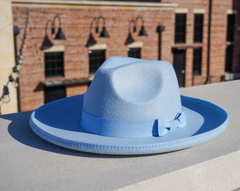 Blue Fedora, Classic Wide Brim, Pencil Brim Hat, Ribbon Headband, Ladies Hats, Summer Hat, Rolled Brim, Bowtie, Baby Blue, Sky Color