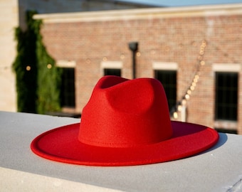 Red Fedora, Womens Fedora, Mens Fedora, Handmade, Fall Hat, Summer Hat, Beach Hat, Wide Brim, Large, Stiff Brim, Flat Brim, Medium, Sun