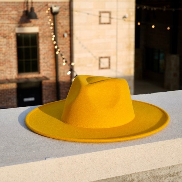 Yellow Fedora, Wide Brim Hat, Womens Sun Hats, Mens Felt Headwear, Large Brim, Derby, Ranch, Felt Trilby, Panama Hat, Medium, Sombrero