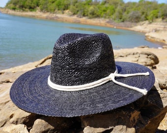 Handmade Straw Fedora, Womens Straw Hat, Black Palm, Summer Hat, Panama Wide Brim, Black Sun Hat, SPF, Sun Protection, Beach Accessories