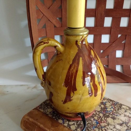 Redware Table authentic Lamp with Marbled Decoration, No Shade