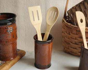 Handmade Redware Utensil Jar with Black Accents, 6.25&quot; Tall