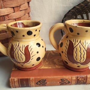 Sgraffito Redware Mugs (2) with Black Dots