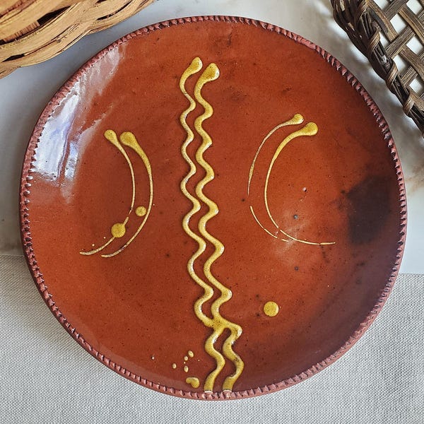 Slip-Decorated Redware 11 in. Plate with Traditional Motif