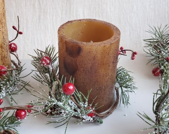 Farmhouse Christmas Decor - Timer Burnt Mustard Candle with Snowy Pine & Berry Ring