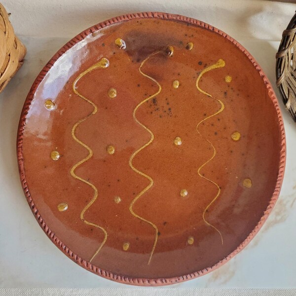 Slip-Decorated Redware 11 in. Plate with Traditional Motif