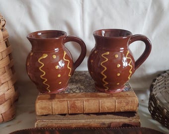 Redware Mugs (2), Squiggles and Dots Pattern