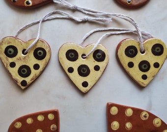 Set of 3 Mini Redware Heart Ornaments by Kulina Folk Art, Handcrafted with Green & Black Dots