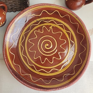 Large Redware Platter, Charger with Slip-Decorated Traditional Pattern