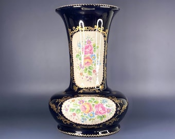 1930s C.A.S. Limoges French Cobalt Blue and Flower Vase, Hand Painted,  Porcelain