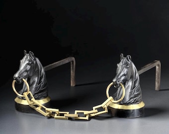 Pair of French Horse Head Andirons in the Style of Jacques Adnet, Brass and Iron, circa 1950s