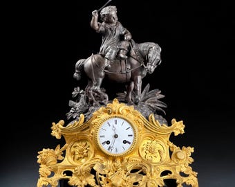 1850s French Gilt-Bronze and Patinated Bronze Figural Mantel Clock with Equestrian Boy, Japy Fils Movement - 18.1 in.