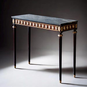 May include: A rectangular console table with a dark green marble top and dark wood legs. The table features gold accents along the apron and at the base of the legs. The table is approximately 122 cm long.