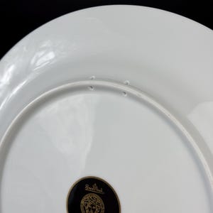 Op de afbeelding: Witte porseleinen bord met een zwart en goud Versace Medusa-logo. Het bord heeft een glanzende afwerking en een licht verhoogde rand. Het Rosenthal-logo is ook zichtbaar.