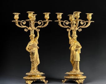 Pair of French Empire Revival Gilt Bronze Figural Candelabra – Late 19th Century - 18in