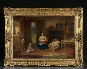 Interior de una familia victoriana del siglo XIX con madre e hijos, firmado por J. Provis, c. 1860–1870.