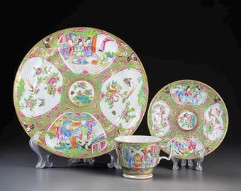 19th Century Chinese Famille Rose Canton Porcelain Trio - 9.8 in
