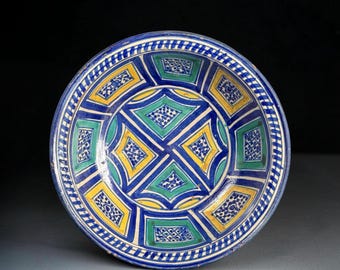 Antique Moroccan Earthenware Bowl, Attributed to Ghotar, Fès, Morocco, 19th Century, 10.8 in