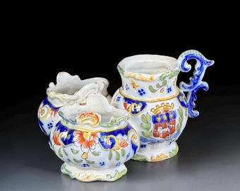 Juego de salero y pimentero de loza Desvres francés, alrededor de 1900 - 5,9 pulgadas
