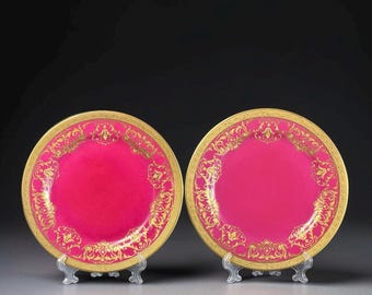 Pair of French WG Co Limoges Crimson & Gilt Porcelain Cabinet Plates - Circa 1900–1932