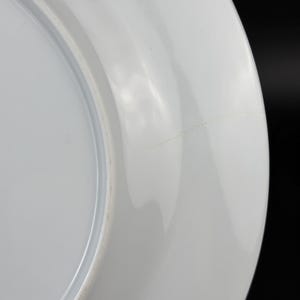 Op de afbeelding: Een witte keramische plaat met een glanzende afwerking. De plaat heeft een licht verhoogde rand en een glad, reflecterend oppervlak. Een dunne, lichtgekleurde kras is zichtbaar op het oppervlak van de plaat. De plaat staat tegen een zwarte achtergrond.