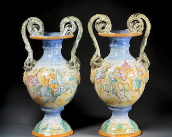 19th Century Italian Hand-Painted Majolica Pair of Mythological Vases, 13.4 in