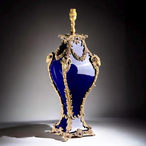 May include: A tall, ornate lamp with a deep blue body and gold-colored metal accents. The lamp features intricate scrollwork and decorative elements, including ram's head details. The lamp's base and top are also gold-colored, with a standard light bulb socket.