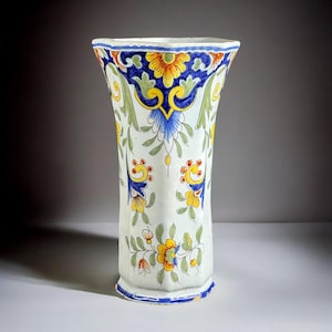 Può includere: Un vaso alto in ceramica bianca con parte superiore svasata e base. Il vaso è decorato con un vivace motivo floreale in giallo, blu, verde e arancione. Il design include fiori e foglie stilizzati, con un bordo blu in alto e in basso.