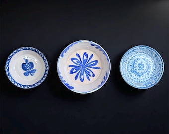 Set of 3 Fajalauza Granada Blue & White Bowls - Spanish Pottery, Andalusian Cobalt Majolica