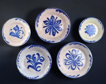 19th Century, Set of 5 Fajalauza Granada Blue & White Lebrillos - Spanish Majolica