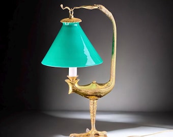 French Gilt Eagle Table Lamp with Emerald-Green Glass Shade, 18.1in Height – Rare & Unique Piece