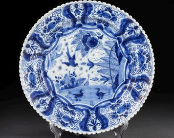 Plato holandés del siglo XVIII, azul y blanco de Delft, estilo Kraak/Wanli, 31 cm (12,2 pulgadas)