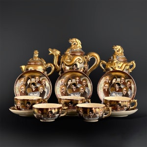 Antique Japanese Meiji Period Hand Painted Shimazu Satsuma Moriage Kannon Immortals and Dragon Dragonware Tea Set- 14 Pieces