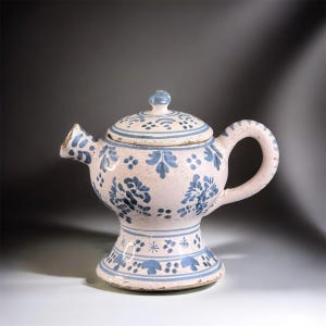 May include: A vintage ceramic teapot with a light pink base and blue floral patterns. The teapot features a lid with a small knob, a curved handle, and a spout. The design includes floral and leaf motifs, creating a classic, decorative look.