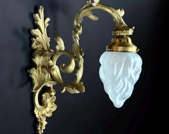 French Rococo Revival Gilt Bronze Wall Sconce with Frosted Flame Glass Shade, Late 19th Century, 15.4in