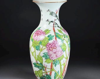 Large Chinese Famille Rose Porcelain Vase with Peonies and Birds - Late 19th Century - 17.3 in