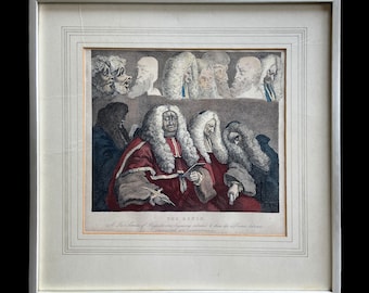 1820-1840, William Hogarth - The Bench, Rare Antique Hand-Painted Engraving