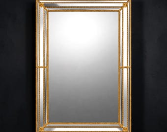 Venetian Style Wall Mirror with Beveled Glass and Brass Accents, 1970s, 32.3in