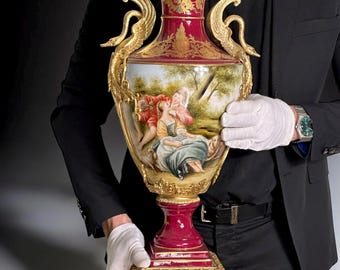 Vintage Retier Hand-Painted Porcelain Vase – French Rococo Style, Swan Handles, Gilded Details, 21in