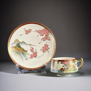 Satsuma Cup and Saucer, Hand Painted Japanese porcelain set.