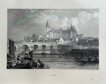 1855-1899 Antique Engraving, Gien France, Le château de Gien (Loiret)