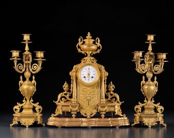 French Napoleon III Gilt Bronze Three-Piece Clock Garniture with Japy Frères Movement - France - 18.5 in